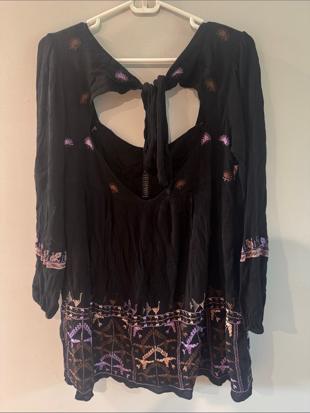 Free People XS Black Embroidered Boho Mini Dress Tie Back Long Sleeve - Picture 5 of 7